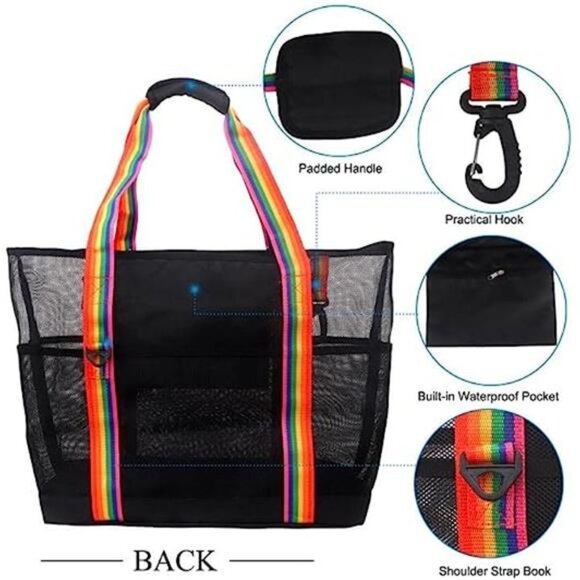 Mesh Beach Bag 40L with 9 Pockets Bag Pool Vacation Travel Picnic Black - Picture 4 of 6